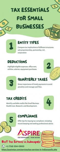 Navigate small business taxes efficiently with insights on entity types, deductions, quarterly payments, credits, and compliance. Simplify tax management for success.

Best Tax Services in Indianapolis: https://aspiretax.com/services/tax-services-in-Indianapolis.php