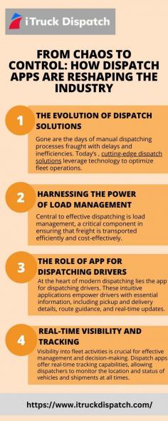 From Chaos to Control: Explore the transformative journey empowered by dispatch apps in revolutionizing the industry. Discover how dispatch solutions streamline load management, optimizing operations for efficiency and reliability. Visit here to know more:https://medium.com/@iTruckDispatch/from-chaos-to-control-how-dispatch-apps-are-reshaping-the-industry-c9b5a9dbf53a
