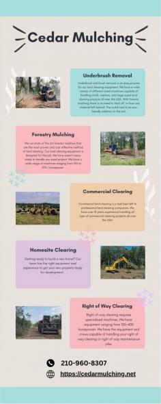 Looking for professional land clearing services in Texas? Cedar Mulching specializes in efficient and eco-friendly land clearing using state-of-the-art mulching equipment. With years of experience, we ensure thorough clearing while preserving the natural landscape. Contact us today for a consultation, and let us help you transform your land sustainably!