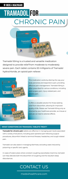 Find effective relief for chronic pain with Tramadol from Meds4Helathcare. As a reputable online pharmacy, Meds4Helathcare offers a variety of Tramadol options tailored for managing chronic pain. With our dedication to quality and customer satisfaction, you can rely on Meds4Helathcare for safe and dependable medication delivery. Whether you're dealing with sports injuries or long-term pain conditions, Meds4Helathcare provides accessible solutions to enhance your quality of life. Order Tramadol for chronic pain relief from Meds4Helathcare today and take the first step towards a pain-free lifestyle. Experience trusted healthcare solutions with Meds4Helathcare.
For more info visit here: https://meds4healthcare.com/product/tramadol/