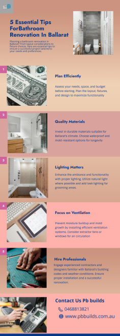 Embark on your bathroom renovation in Ballarat with confidence using these expert tips. Whether you're aiming for a sleek contemporary look or a cozy traditional feel, this comprehensive guide covers everything from budgeting to design considerations, ensuring a successful transformation of your space. For more details to visit our website

https://pbbuilds.com.au/transforming-spaces-a-seamless-bathroom-renovation-by-pb-builds/