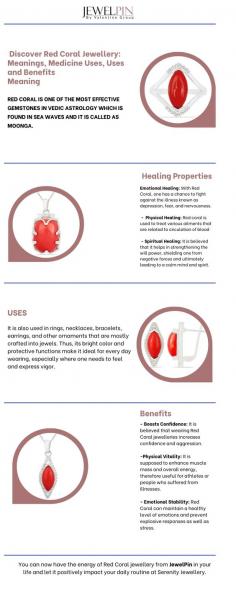 Discover the meanings, medical applications, uses, and benefits of red coral jewellery.
 Red coral, also known as moonga, is a powerful gem in Vedic astrology that may be found in sea waves. It is a sign of power and marks the beginning of a strong relationship between the color red and life energy.
 Restorative Qualities
- Emotional Healing: Red coral may help treat the diseases of worry, dread, and despair. It encourages courage and a good mindset to hear positive words and experiences.
- Physical Healing: Red coral strengthens bones, boosts immunity, and treats a wide range of blood circulation disorders. It may also be used to treat circulatory problems.
- Spiritual healing: It is supposed to help strengthen one's willpower, shield against negative energy, and ultimately result in a tranquil mind and spirit.
 Applications: It is often used in jewellery, including earrings, bracelets, necklaces, and rings. As a consequence, its vibrant color and protective properties make it ideal for everyday usage, especially in circumstances when strength has to be felt and shown.
 Advantages
- Increases Confidence: It is thought that wearing red coral jewellery helps a person feel more assertive and confident, giving them the strength to deal with unusual conditions.
- Physical Vitality: It is designed to boost overall energy and muscle mass, making it ideal for athletes and people recuperating from illness.
- Emotional Stability: Red coral may regulate emotions and prevent stress and aggressive outbursts.
At Serenity Jewellery, you can now embrace the energy of JewelPin's Red Coral jewellery and let it benefit your daily activities.


https://www.jewelpin.com/blog/the-wonders-of-real-red-coral-jewellery.html