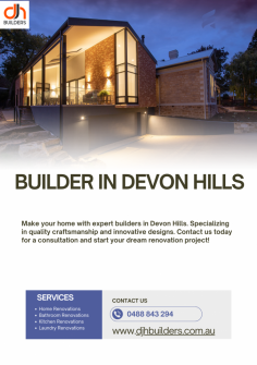 Transform your home with expert builders in Devon Hills. Our team specializes in quality craftsmanship and innovative designs, ensuring every project exceeds your expectations. From bathroom renovations to complete home makeovers, we deliver excellence in every detail. Contact us today for a consultation and start bringing your dream renovation project to life with the best builders in Devon Hills!
Visit our website https://djhbuilders.com.au/summit-drive/

