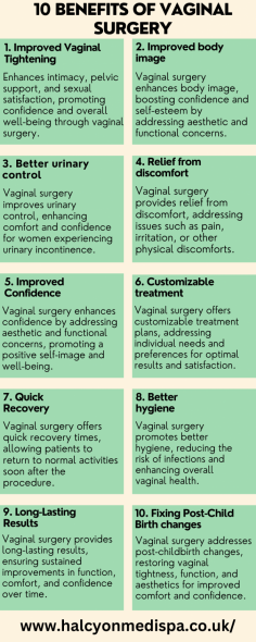 Halcyon Medispa's vaginal surgery offers numerous benefits, including enhanced aesthetic appearance, increased comfort, and improved sexual satisfaction. This procedure can address concerns such as laxity, asymmetry, and discomfort, boosting confidence and quality of life. With expert care and advanced techniques, Halcyon Medispa ensures safe and effective results tailored to individual needs.