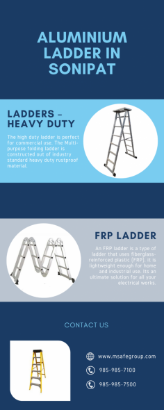 Heavy duty ladders are made from industrial standard, rust-proof material. They are perfect for commercial use.

FRP ladders are ligtweight and a good solution for home and industrial use. They are ideal for electrical work because they are non-conductive.

https://msafegroup.com/aluminium-scaffolding-sonipat