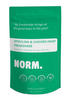 "NORM OG Spriulina And Chicken Heart Freeze Dried Freakshake

Spirulina is an antioxidant-rich cyanobacterium that fights the release of histamines, making it perfect for allergy-prone dogs, chicken hearts are loaded with protein, B12, iron, zinc & copper.

For More information visit: www.vetsupply.com.au
Place order directly on call: 1300838787"
