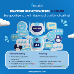 Transform your outreach with PreCallAI's AI calling. Say goodbye to traditional calling limits. Enjoy more efficiency, personalized interactions, and easy scalability. Boost your sales strategy with PreCallAI today.