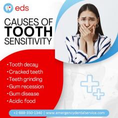 Tooth sensitivity | Emergency Dental Service

Tooth sensitivity is a common dental problem that can cause discomfort and pain when eating or drinking. Various causes of tooth sensitivity include tooth decay, cracked teeth, teeth grinding, gum recession, gum disease, and consuming acidic foods and drinks. Regular dental check-ups and oral hygiene practices can help avoid tooth sensitivity and promote overall dental health. Schedule an appointment at 1-888-350-1340.
