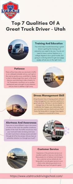 At Utah Truck Driving School, we highlight the top 7 qualities of a great truck driver. Our CDL truck driving school is dedicated to providing exceptional truck driver training, ensuring you develop crucial skills like time management and safety awareness. Drive your future with excellence.  Visit here to know more:https://www.utahtruckdrivingschool.com/blog/7-important-qualities-of-great-truck-driver