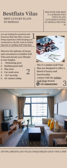 you are looking for premium and luxurious flats that offer a serene living experience while keeping you connected to city life, look no further than the 3+1 Jubilee Golf Vista flats. Located in the prime area of Mohali Sector-91, these flats promise a lifestyle of convenience, comfort, and elegance. Let's delve into what makes these flats a premier choice for homebuyers.