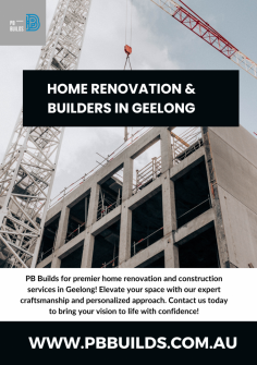 PB Builds is your premier choice for builders in Geelong, specializing in home renovation and construction services. With a focus on quality craftsmanship and personalized attention, we transform spaces into stunning, functional areas. Whether you're renovating or building a new, trust PB Builds to deliver excellence. Contact us today to discuss your project and bring your vision to life. Visit our website 

 https://pbbuilds.com.au/