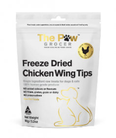 "The Paw Grocer Freeze Dried Chicken Wing Tips Dog and Cat Treats

Chicken wing tips are high in PROTEIN and low in fat, Chicken wing tips are a crunchy treat & excellent for dental health, they are an excellent source of CALCIUM.

For More information visit: www.vetsupply.com.au
Place order directly on call: 1300838787"