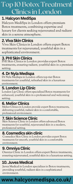 Halcyon Medispa stands out as one of the top Botox treatment clinics in London, renowned for its expertise and exceptional results. With skilled practitioners and a commitment to client satisfaction, Halcyon Medispa offers personalized Botox treatments tailored to each individual's needs, ensuring natural-looking and long-lasting rejuvenation.