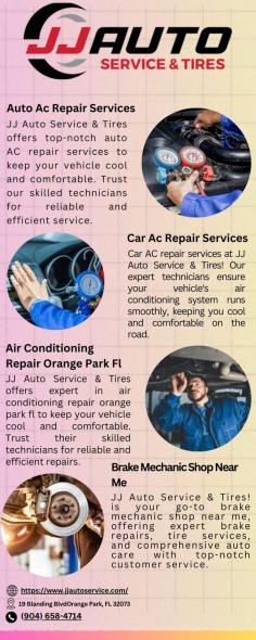 At JJ Auto Service & Tires in Orange Park, FL, we specialize in comprehensive air conditioning repair services to keep your vehicle cool and comfortable. Our experienced technicians diagnose and fix AC issues with precision, ensuring optimal performance. Whether it's a simple recharge or a complex repair, we use state-of-the-art equipment to get the job done right. Trust JJ Auto Service & Tires for all your air conditioning repair needs in Orange Park, FL, and experience top-notch customer service and reliable automotive care. Visit us information https://www.jjautoservice.com/services/ac-repair/
