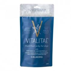 Vitalitae Superfood Calming Jerky for Dogs: This treats with a unique calming formula with chamomile and ginger to help relieve anxiety. Shop now at VetSupply.
