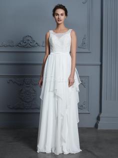 Robe de mariée longueru au niveau de sol fascinant en chiffon col u profond naturel