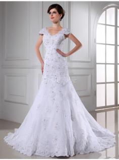 Robe de mariée longue avec zip manche nulle en organza avec perle