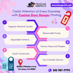 Custom door hanger printing from Printing Graphics in Torrance will help you maximize your marketing impact. We make sure your message is seen by using strong materials and excellent printing. 
https://buyprint.net/printing-services/color-printing/door-hangers/