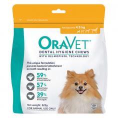 Oravet Dental Chews for X-Small Dogs Up To 4.5 kg (ORANGE) are ideal for your pet’s daily oral care. These clinically proven chews reduce plaque and tartar formation and prevent bad breath.
