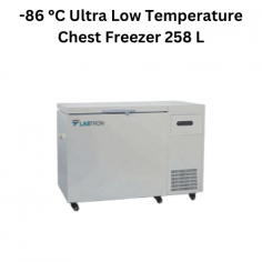 Labtron -86°C Ultra Low Temperature Chest Freezer is an microprocessor-controlled chest cabinet type unit 258 L capacity, with a temperature range of -40 to -86°C . It features microprocessor control, direct cooling with an auto cascade system, an LED display, CFC-free refrigerant, a safety lock, advanced alarms .
