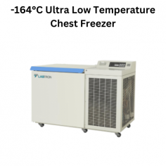 Labtron -164°C Ultra Low Temperature Chest Freezer is a 128L unit with dual-core rapid refrigeration, a temperature range of -120°C to -164°C, and operates within 16°-32°C. It features energy-saving performance, a safety door lock, precise microprocessor control, and multiple protections for safe storage.