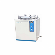 Labtron Vertical Autoclave, with a 35L capacity and SUS304 stainless steel construction. Features a dual-scale pressure gauge (0.165 MPa), a 115–129°C temperature range, and a 0-80 min timer. Equipped with 2 sterilizing baskets, a silicone seal, and an interlock door for performance and safety.