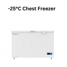  Labtron -25°C Chest chest freezer is a 358 L biomedical unit with a temperature range of -10 to -25 °C and direct cooling with manual defrost. It features eco-friendly refrigerant, low maintenance, a digital display, an advanced alarm system, and efficient refrigeration.
