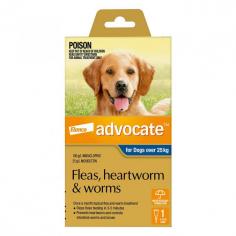 Advocate for Extra Large Dogs is a topical formula that treats and prevents flea infestations in dogs that weigh over 25kg. A single dose of Advocate Blue Pack prevents heartworm disease, treats and controls roundworms, hookworms, and whipworms. This monthly spot-on formula for extra large dogs provides protection against sarcoptic mange, ear mites, and chewing lice.
