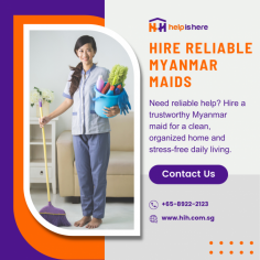 Looking for reliable help at home? Consider hiring a Myanmar maid in Singapore. Known for their hardworking nature and dedication, Myanmar maids can be a great addition to your household. They are eager to learn and adapt quickly to your family’s needs, providing excellent support in daily chores, cooking, and childcare. At Help is Here, we simplify the hiring process, ensuring a smooth experience from start to finish. Our agency carefully screens candidates to match your specific requirements, giving you peace of mind. Let us assist you in finding the right Myanmar maid who can make your life easier and your home happier.