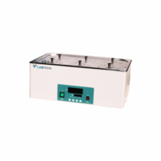 Labtron Constant Temperature Water Bath, with a 22.5 L capacity, operates from RT +5°C to 100°C. It features a stainless steel heating tube, natural convection heat transfer, stretching inner chamber with roof cover, one-button operation, convenient drain, PID controller, and NTC sensor.