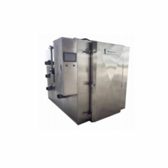 Labtron double-door liquid nitrogen freezer, with a 500 kg/hour capacity, made from AISI food-grade 304 stainless steel, reaches -150°C in 5 minutes, featuring a touch screen, automatic heating door seal, large space, and customised fan for ultra-low temperatures and smooth cart operation.