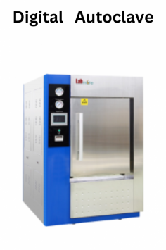 Labmate digital autoclave features a 280L chamber capacity, automatic power cut-off, water deficiency alarm, and adjustable temperature (40-139°C) with pressure protection. It operates at 0.25 Mpa, ensuring effective sterilization."