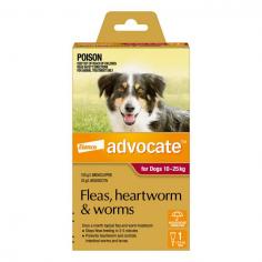 Advocate for Large Dogs is a topical formula that treats and prevents flea infestations in dogs that weigh between 10-25kg. A single dose of Advocate Red Pack prevents heartworm disease, and treats and controls roundworms, hookworms, and whipworms. This monthly spot-on formula for large dogs protects against sarcoptic mange, ear mites, and chewing lice.
