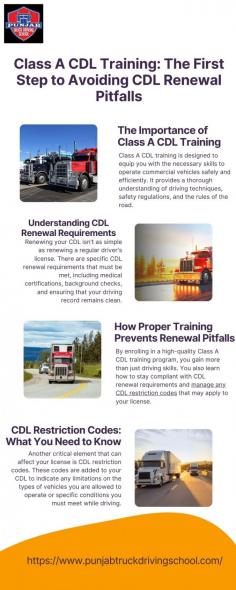 Completing Class A CDL training ensures drivers are well-prepared to meet CDL renewal requirements and understand CDL restriction codes. This training helps drivers avoid renewal pitfalls, smoother the process and ensure long-term success in the trucking industry. visit here to know more:https://smithahana84.wixsite.com/punjab-truck-driving/post/class-a-cdl-training-the-first-step-to-avoiding-cdl-renewal-pitfalls