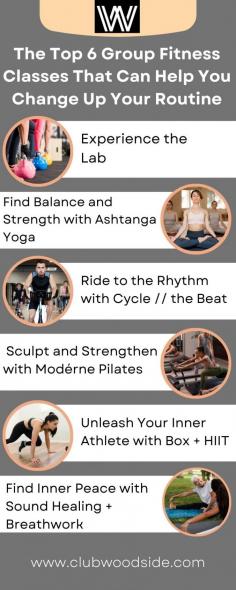 Are you feeling stuck in the same old workout routine? It might be time to shake things up and try something new! Whether you're looking to build strength, improve flexibility, or just have fun, our group fitness classes can help you reach your goals and keep your fitness journey exciting. Read our blog to learn more about 6 Group Fitness Classes That Can Help You Change Up Your Routine. For more details, visit:  https://clubwoodside.com/blog/the-top-6-group-fitness-classes-that-can-help-you-change-up-your-routine/