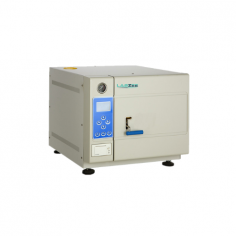 Labzee Pulse Vacuum Autoclave is a 35 L benchtop unit with 0.22 MPa pressure, a temperature range of 105-134°C, and a 0-99-minute timer. It features an LCD touch display, modular vacuum cycles (-0.8 bar), a mini printer, and safety systems for HIV/HBV inactivation.