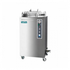 Labtro Vertical Autoclave, with a 35 L capacity, features a 304 stainless steel chamber and a PID Microcomputer Controller for setting temperatures between 115°C and 129°C and pressure up to 0.165 MPa. It includes water shortage, over-temperature, and short circuit protection.