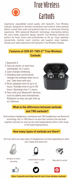 Experience ultimate freedom with Spracht True Wireless Earbuds. Enjoy high-quality sound, secure fit, and long battery life with these sleek, portable earbuds. Perfect for music, calls, and workouts, with easy Bluetooth pairing and a compact charging case.