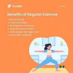 Regular exercise is a powerful tool for enhancing your overall well-being. It not only boosts mood and improves sleep but also strengthens immunity, supports heart health, and aids in weight management. Incorporating physical activity into your routine can even help increase longevity, making it a key component of a healthy lifestyle. Stay active and transform your life with #Heal360!