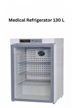 Labtron Medical Refrigerator is an under-counter unit with a 130L capacity and 3 shelves. It features a microprocessor-controlled system (2°C to 8°C)  large LED display, alarms for various failures, CFC-free refrigerant, and a unibody design.