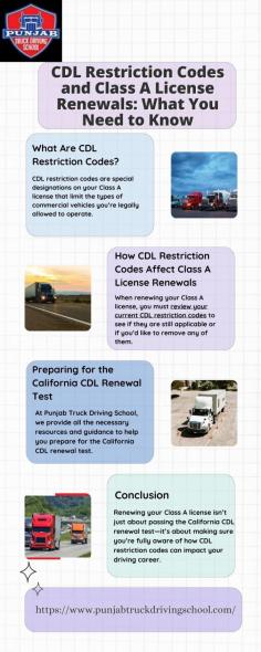 Understanding CDL restriction codes is key to successfully renew your Class A license in California. The California CDL renewal test assesses your knowledge of these restrictions and driving skills, making it essential for continued trucking success. Visit here to know more: