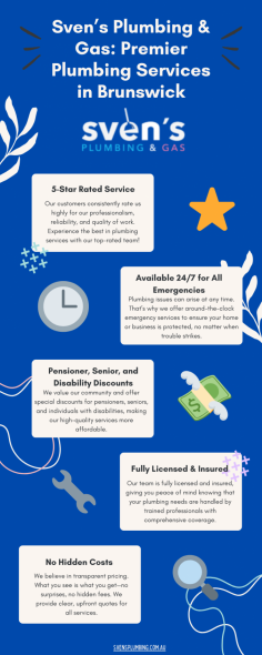 Check out our latest infographic showcasing why Sven’s Plumbing & Gas is your go-to choice for reliable and high-quality plumbing in Brunswick. From 24/7 emergency services to special discounts for seniors and pensioners, we've got you covered! Click here for more details: https://svensplumbing.com.au/plumber-brunswick/