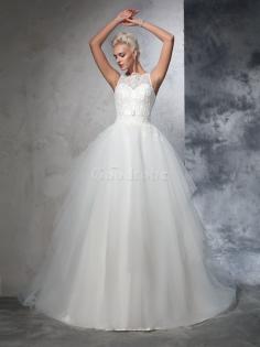 Robe de mariée longue de traîne mi-longue col en bateau appliques de mode de bal