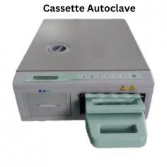 Labnics Cassette Autoclave efficiently sterilizes multiple medical tools in one cassette. It features a 6L chamber with a selectable temperature range of 115°C to 135°C, operates in 5°C to 40°C, under 42 to 212 kPa pressure, has a 3.4L water tank, and is made from SUS304 stainless steel.
