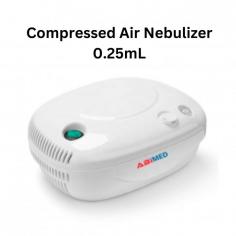 Abimed compressed air nebulizer offers a maximum nebulization rate of at least 0.25 mL per minute and operates within a pressure range of 9.5 to 19 PSI. Its breath-enhanced design ensures shorter treatment times. Compact and lightweight, it provides easy portability for convenient use anywhere.