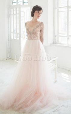 Robe de mariée vintage delicat avec manche longue avec perle de traîne moyenne