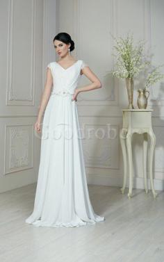 Robe de mariée facile jusqu'au sol de traîne courte avec manche courte col en v foncé