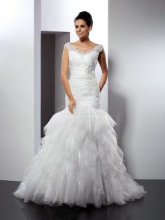 Robe de mariée en tulle decoration en fleur de sirène de traîne longue manche nulle