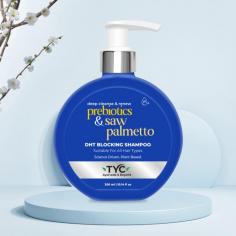 TYC Beauty's DHT Blocking Shampoo combines scientific and Ayurvedic ingredients like Prebiotics and Saw Palmetto to combat DHT-induced hair loss. It moisturizes the scalp, promoting healthy, strong hair growth. Made in India, this shampoo ensures effective and natural hair care solutions. Buy Now: https://tycbeauty.com/product/dht-blocking-shampoo-prebiotics-saw-palmetto/