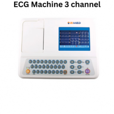 Zimed ECG machine is a 3-channel device with an 80 mm × 2000 mm paper size and a sampling frequency of 1000 Hz. It features EMG interference filters at 25 Hz and 45 Hz, weighs 4 kg, supports a maximum paper length of 2 meters, and includes filters that enhance signal quality.
